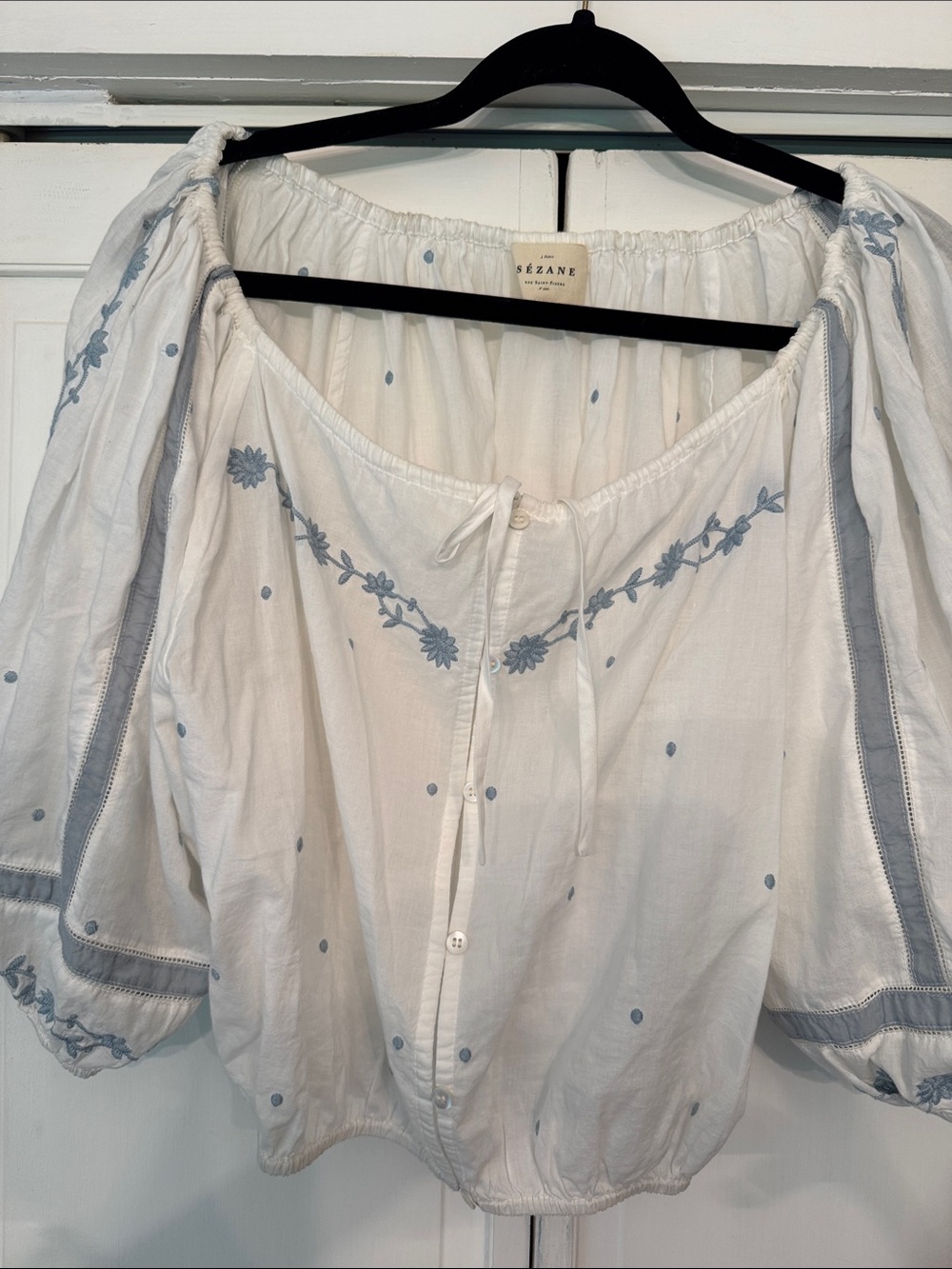 Sezane White Blouse with Pale Blue Floral Embroidery